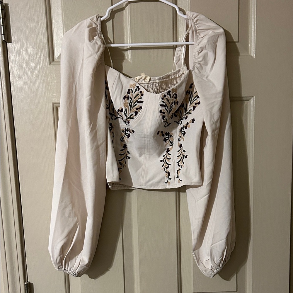 Promesa Cream Embroidered Corset Top with puff sleeves